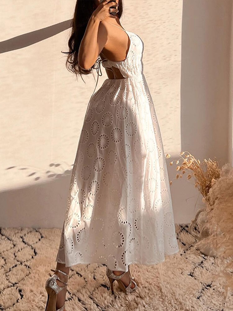 Backless Lace Up Camis Dress For Women Elegant Floral Hollow Beach Dresse 2023 Summer Famale Fashion Embroidery Midi Robe