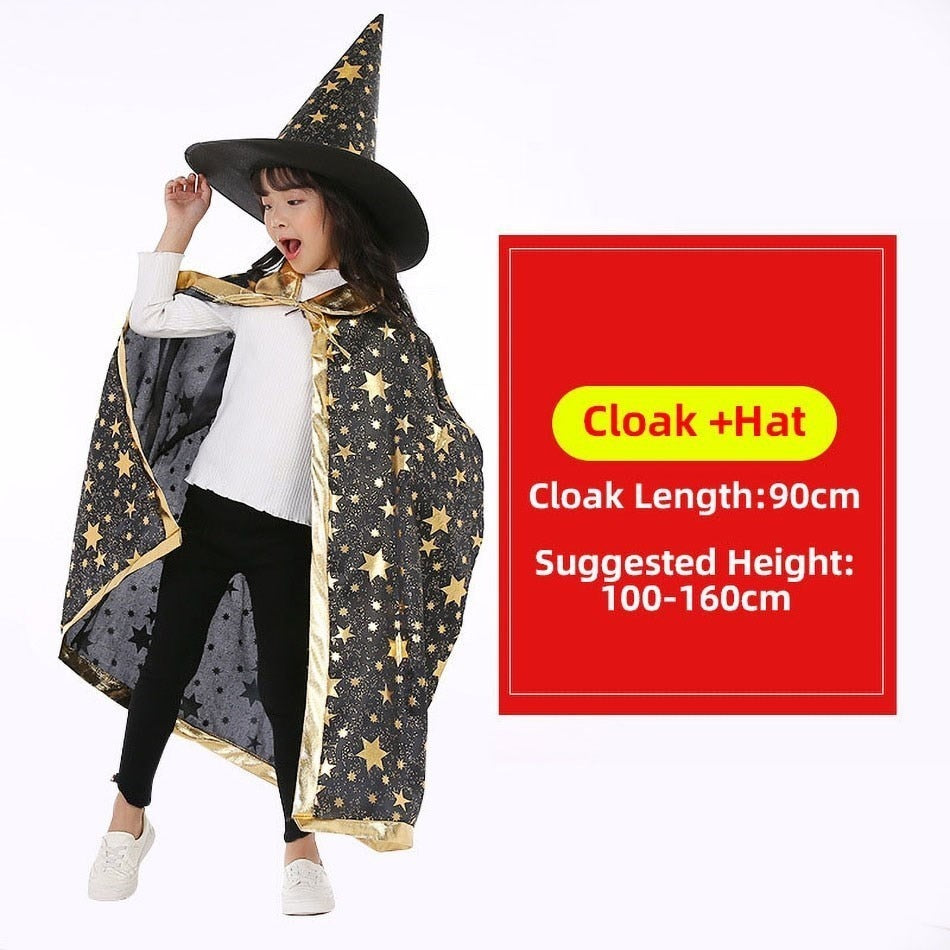 LLYGE Kids Costume Teens Sparkly Halloween Cloak With Witch Hat Children Outfit Boy Girl Birthday Dress Up Long Party Photography Prop