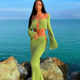 Llyge  Graduation party  Dresses Sets Women  Outfits Long Sleeve Crop Top Cardigan 2023 Spring New See Through Maxi Skirt 2 Pieces Sets Outfits Women