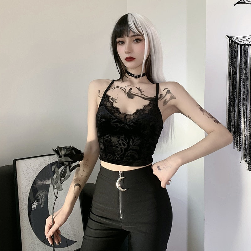 Llyge Gothic Y2k Women's Clothes Corset Tops Personality Lace Straps Suspender Solid Tank Top Summer  Navel Vest Street Clothing