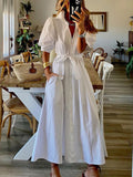 Llyge Dresses for Women 2023 Summer New White Dress Lapel Lace Up Shirt Long Dresses Fashion Women Clothing Evening Dresses Party Robe