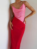 LLYGE  Satin Contrast Color V Neck Party  Maxi Dress Women Pleated Patchwork Spaghetti Strap Backless Dresses Vestidos