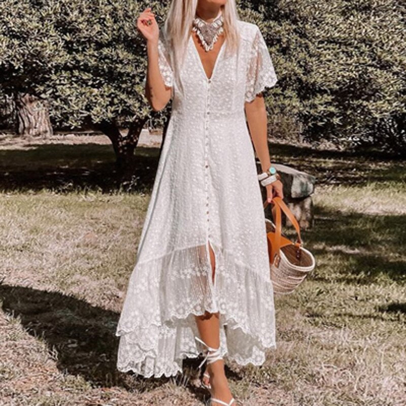 llyge Elegant White Lace Slit Ruffle Long Dress Casual Short Sleeve Single Breasted Dress New Sexy Deep V Neck Embroidery Party Dress