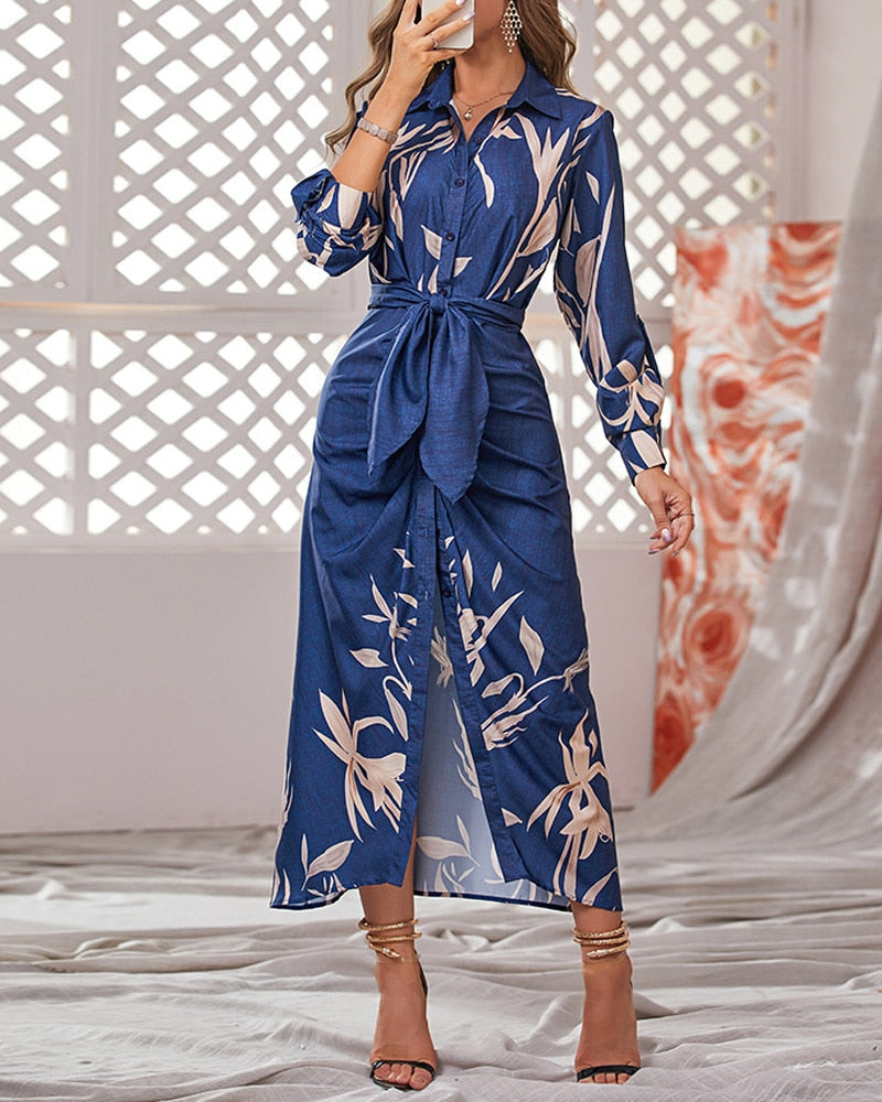 Llyge  2023 Women Summer  Leaf Pattern Print Tied Detail Ruched Shirt Dress Casual Vintage Bodycon Party Long Dresses