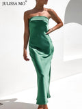 LLYGE 2023 Satin Basic Strapless Club  Maxi Dress Backless Slim Hollow Out Women Party Dresses Summer Elegant Vestidos