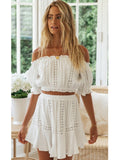 Llyge 2023 Summer Two Piece Sets Women Bohemian Casual Beach Skirts 2Pcs Sets Lace Off Shoulder Crop Tops And Short Pleated Skirt