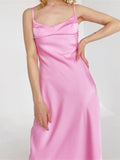 Graduation dress Elegant Women Pink Hollow Out Satin Midi Dress  Backless Spaghetti Strap A-Line High Waist Female Dresses