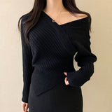 Llyge 2022 Graduation party  Women Casual V Neck Sweaters Long Sleeve Striped Cross Wrap Front Off Shoulder Asymmetric Hem Knitted Crop Solid Pullover