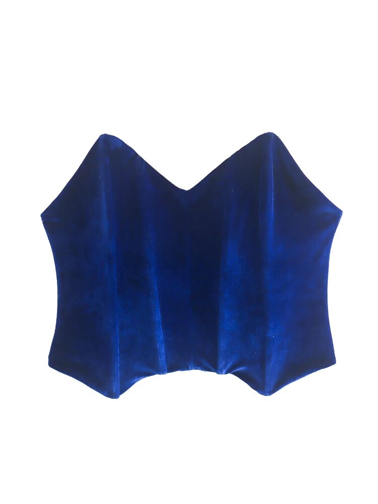 Woman  Navy Blue Slim Velvet Strapless Tanks 2023 Girls Chic Backless Club Tops Female Fashion Solid High Street Cropped Top