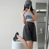 Llyge Women Casual Sports Shorts Solid Color Elastic Waist Wide Leg Shorts With Pockets Running Shorts Straight Streetwear Tracksuit
