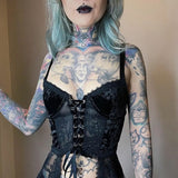 LLYGE Gothic Velvet Lace Up Summer Tube Top Dark Grunge Punk Streetwear Backless Camis Backless Women Crop Tank