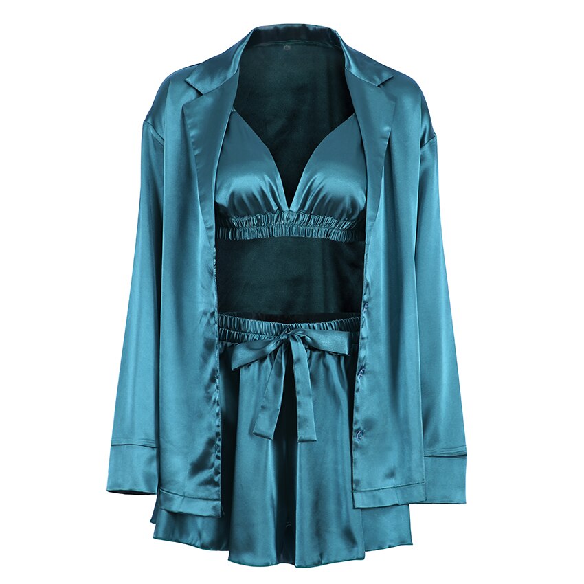 Llyge Summer Sleepwear Women 3 Piece Set Long Sleeve Robe Spaghetti Strap Bra Sleeveless Female Night Suits With Shorts 2022