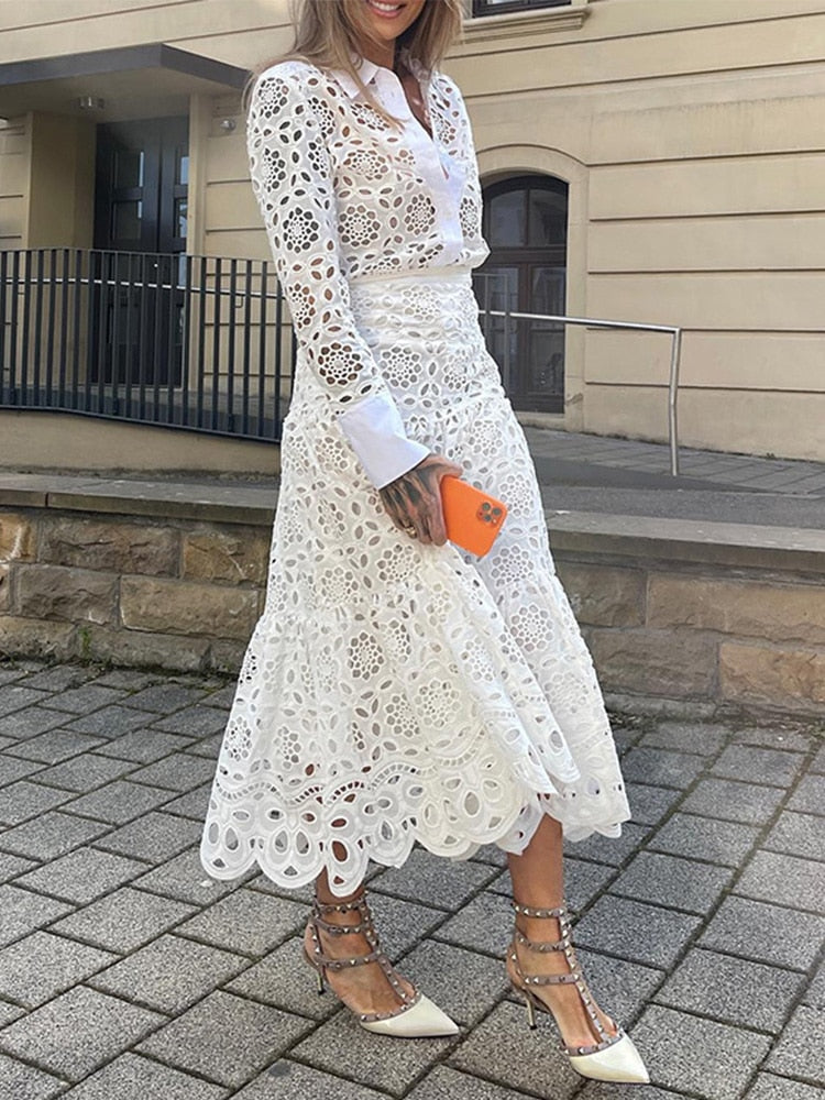 Women Casual Embroidery Floral Hollow Dress Ladies Elegant Solid White Shirt With Skirt 2023 Summer Female Fashion Party Suit
