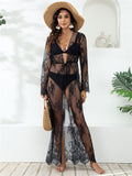 LLYGE Sexy See-through Lace Sun Protection Coverups Women's Lace-up Cardigan Bikini Cover-ups Summer Sweet Style Embroidered Beachwear