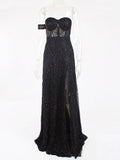 Graduation Prom Llyge One Sleeve Strapless Long Ball Gown Split Leg Hollow Out Padded Black Glittered Party Maxi Dress