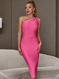 Graduaction Dress Llyge One Shoulder Elegant Party Midi Bandage Dress For Women Rose Red Sexy Sleeveless Draped Evening 2023 New Summer Outfits