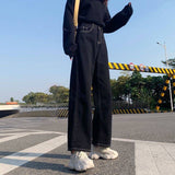 Llyge Jeans Women All-Match Korean Style Mopping Trousers Denim Vintage Black Solid High Waist Baggy Summer Loose Wide Leg Trousers