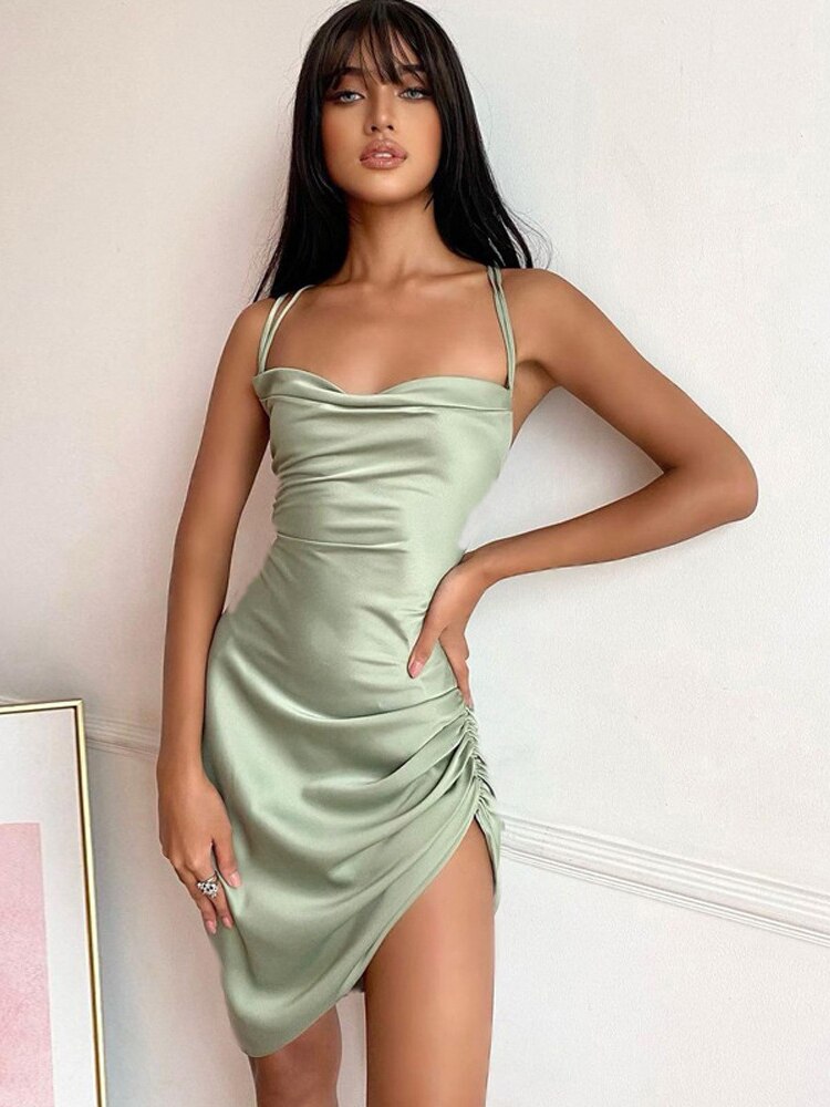 LLYGE Summer Dresses Ladies 2023 Backless Solid Color New Arrivals Fashion Spaghetti Strap  Club Slit Hollow Out Mini Satin Dress