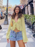 Llgye Mesh Sheer Tie Up Crop Tops Women Long Flare Sleeve V Neck Ruffle Tops And Blouse Summer See Through  Casual Shirts Female