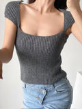 Llyge Elegant Square Neck Ribbed Knitted Basic Tank Top Women Summer Cap Sleeve Stretch Camis New 2024 Gray Bodycon Fit Tees
