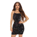 Llyge Glitter Tied Back Colorful Sequins Short Party Dress Summer Womens Halter Neck Shiny Tight Night Dresses Clubwear