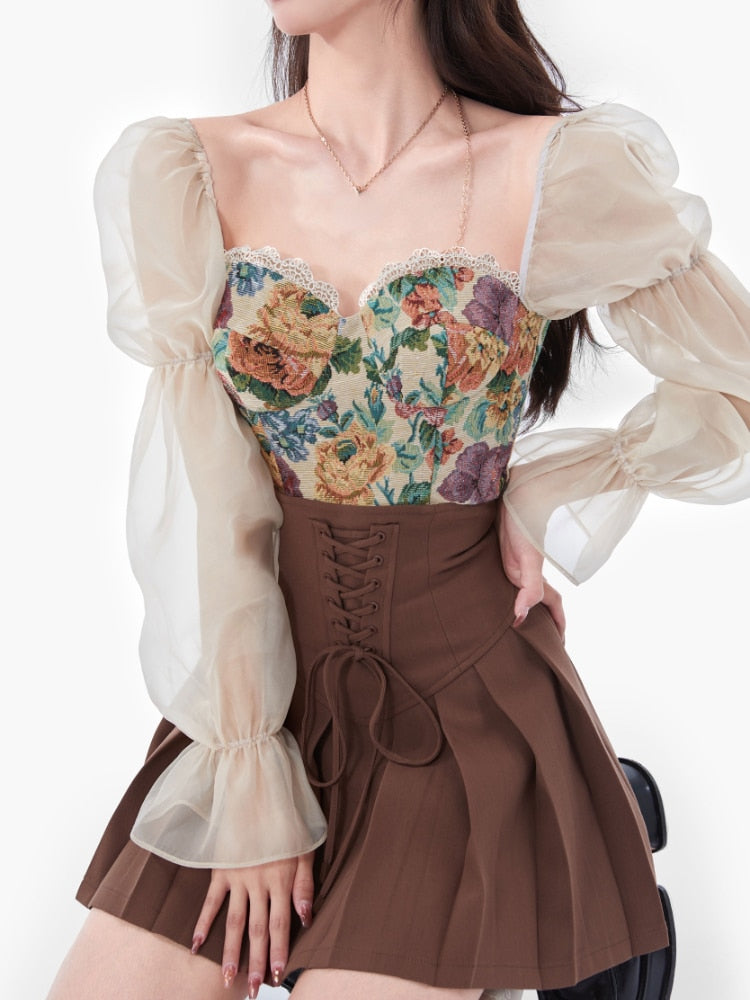 Llyge 2 Piece Dress Set Women Casual Vintage Corset Blouse + Slim Short Skirts Fashion Suits Korean Clothing 2023 Summer Y2k Crop Tops
