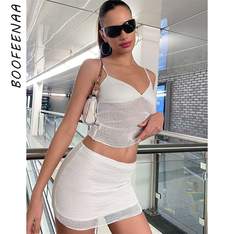 Llyge  Graduation party  Skirt Set White Sheer Mesh 2 Piece Sets Skirt and Top  Clubwear Vacation Short Dresses 2023 Summer  Outfits for Woman