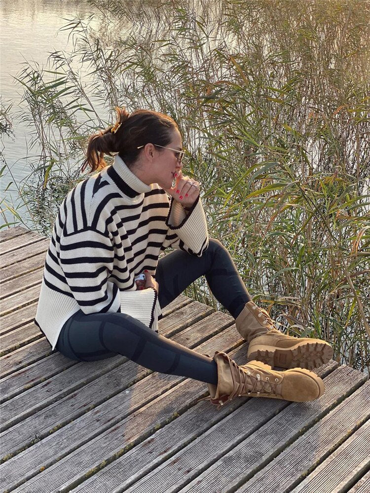 Woman Casual Turtleneck Striped Sweaters 2023 Winter Female Loose Knit Pullover Girls Soft Warm Sweater