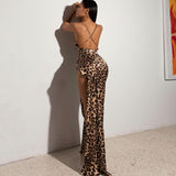 LLYGE Leopard Print High Split  V-Neck  Bodycon Long Dress Women Lace Up Backless Dresses Female Straps Party Vestidos