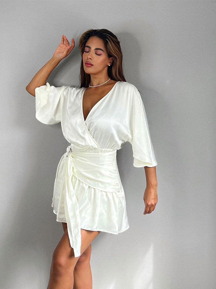 Women Silk Satin Pleated Lace-Up Playsuit Dress Female Elegant Wide Sleeve V Neck Bodysuit Office Lady Summer Jumpsuits Outfit