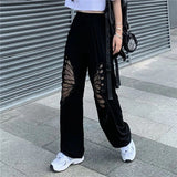 Llyge Summer High Street Style High-Waisted Gothic Loose Wide Leg Trousers Casual Hip-Hop Hollow  Show Legs Long Retro Ulzzang