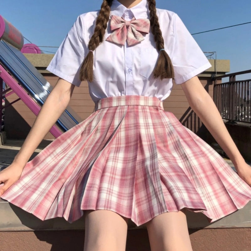 Llyge JK Women Pleated Skirt Summer Uniform Students High Waist Plaid  Dance Mini Skirts Cute Bow A Line Ladies Skirts New
