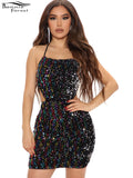 Llyge Glitter Tied Back Colorful Sequins Short Party Dress Summer Womens Halter Neck Shiny Tight Night Dresses Clubwear