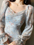 Llyge Women Sweet Flare Sleeve Elegant Temperament Lady Cutevilmyii Floral Vintage Long Chic Dress