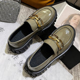 Llyge 2022 New Black Platform Flats Shoes Women Loafers Slip On Boat Shoes Autumn Office Metal Chain Designer Casual Leather Oxfords