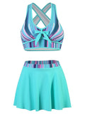 LLYGE 2023 New Blue Print Skirt Swimsuit Women Bikini High Waist Swimwear Cross Bow  Beachwear Bathing Suit Biquini