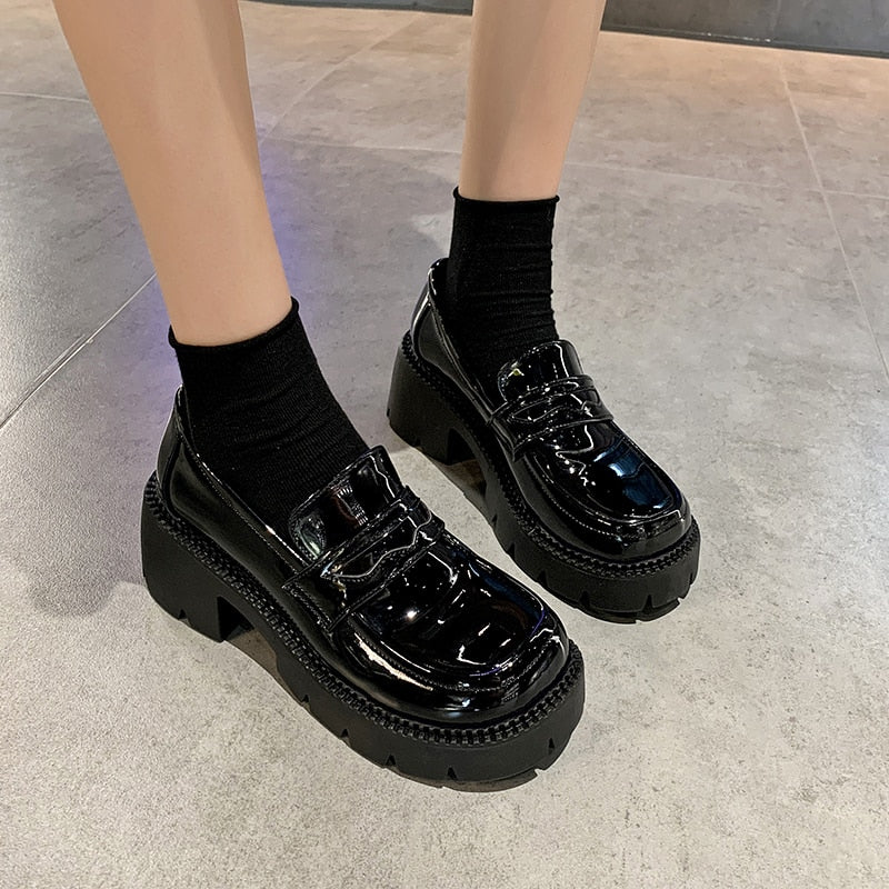New Goth Lolita Oxford Shoes for Women Shoes Square High Heels Platform Shoes Woman Slip on Casual Solid Leather Black Shoes