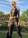 Llgye PU Leather Vintage Tank Tops Women Cross Bandage Crop Tops Sleeveless V Neck Bustier  Punk Club Summer Tank Tops Female