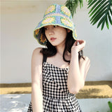 LLYGE Japan Korea Crochet Sun Hat Women Summer Flowers Pure Hand Woven Straw Beach Hat Sunshade Fisherman Caps Breathable Bucket Hat