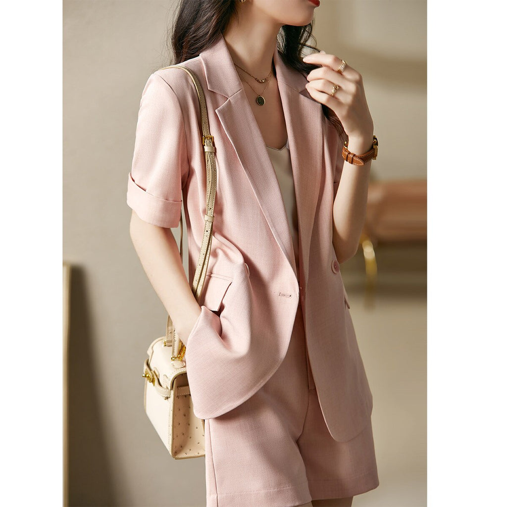 Llyge Pink Blazer Shorts Suit Women Summer Loose Double Breasted Short Sleeve Blazer Two Piece Set New Offical Lady Solid Shorts Pants