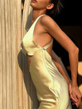 LLYGE Hollow Out Satin Club  Midi Dress Backless Strap Party Women Sleeveless Slim Khaki Dresses Elegant Vestidos 2023