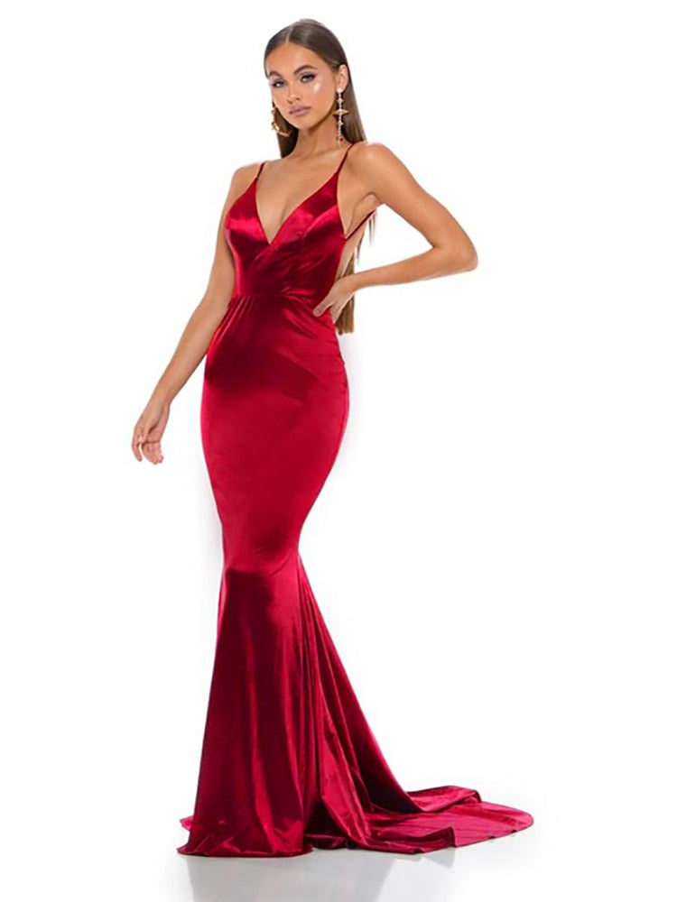 Graduation Prom Llyge Backless Satin Evening Dress Gown Strappy Deep V Neck Floor Length Prom Padded Stretch Wedding Party Dresses