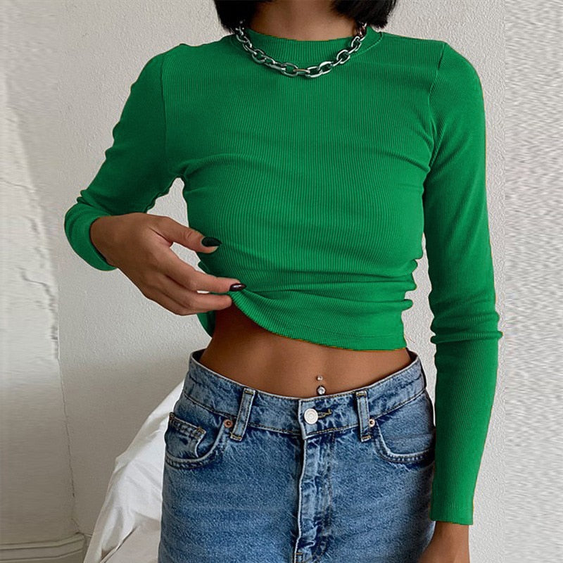 Llyge  Graduation party  Women Green Crop Top Y2K Basic Ribbed Blouses Slim fit Knit Crewneck Long Sleeve Short Shirts for Casual 2022 Spring Autumn