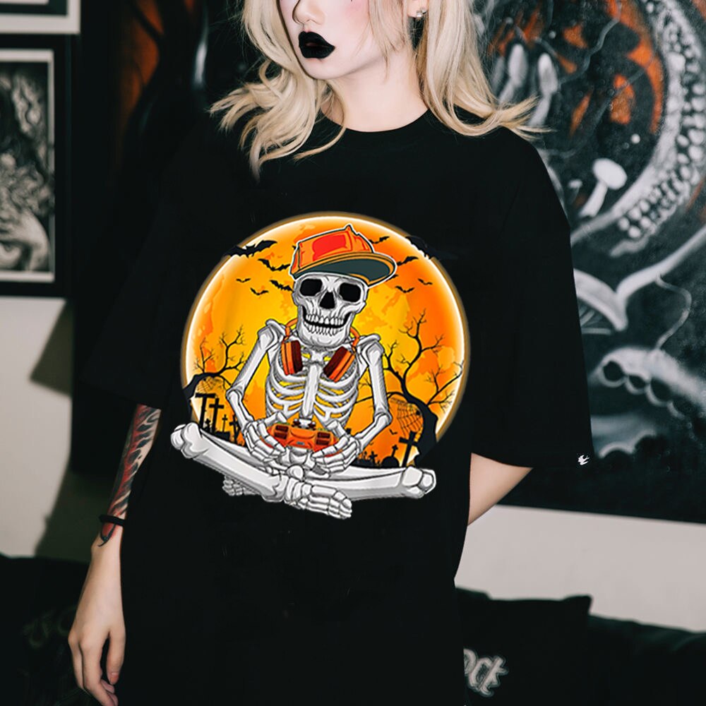 LLYGE Halloween Skeleton Graphic Ladies Tees Casual Crewneck T Shirt Breathable Street Tops Fashion Hip Hop Gothic Female T-Shirts