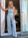 Two Piece Set Women Clothing 2023 Cropped Waistcoat And High Waist Full Length Pants Sets Casual Faux Linen Sets Womens Outfits