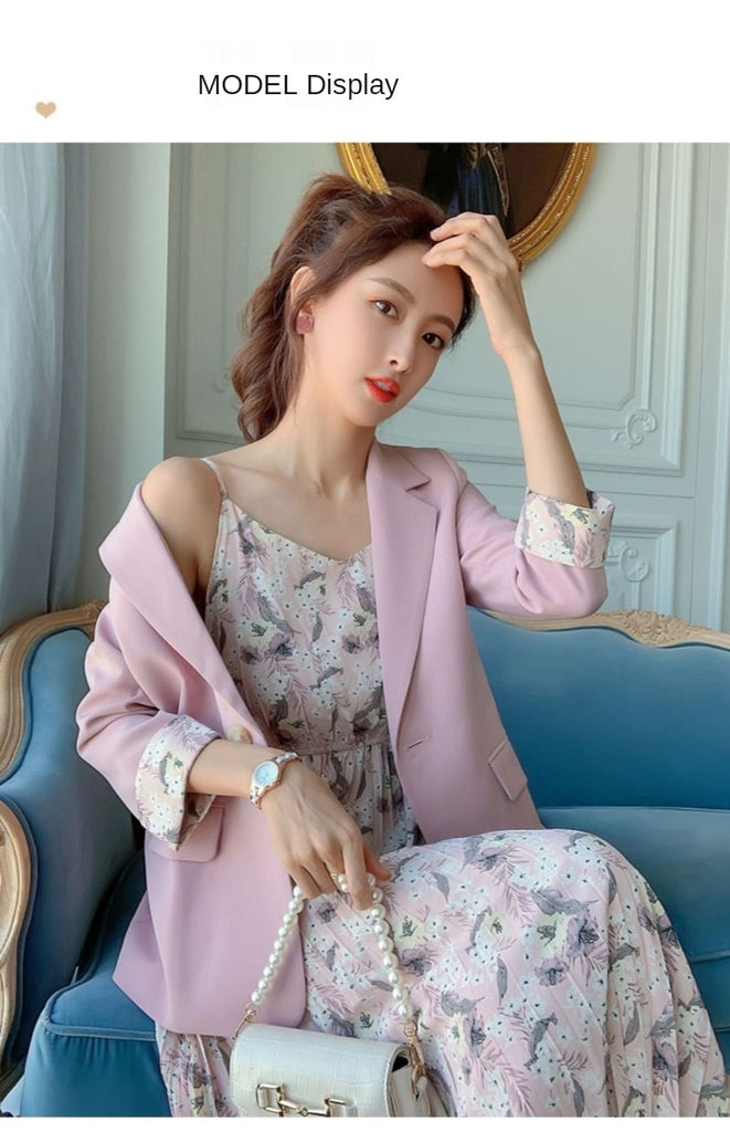 Llyge  Spring Summer Korean Leisure Suit Sets 2023 Women Fashion Floral Sling Dress Jacket Set Office Lady Graceful Joker Coat