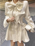 Llyge Elegant 2022 Spring Y2K Bow Mini Dress Women Casual Long Sleeve Office Ladies Slim Short Dress Vintage One Piece Dress Korean