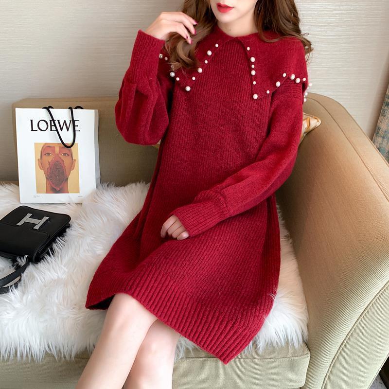 Llyge Crochet Sweater Dress Woman Autumn Winter 2023 Loose Vintage Long Sleeve Korean Style Midi Knit Dresses Ladies Red Knitted Black
