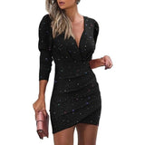 Llyge 2023 Autumn Women Dresses  Deep V-Neck Long Sleeve Print Mini Black Dress Woman Party Nightclub Bodycon Dress Robe Moulante Femme