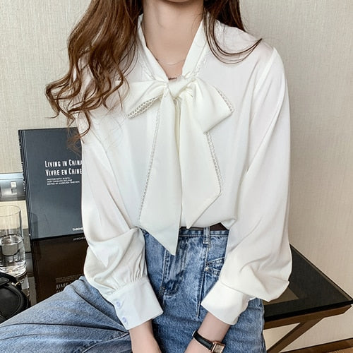 Llyge  Graduation party  Satin Blouses Women Spring Chiffon Tops with Bow Tie Elegant Office Lady Basic Loose White Silk Shirts Chic Woman Clothing